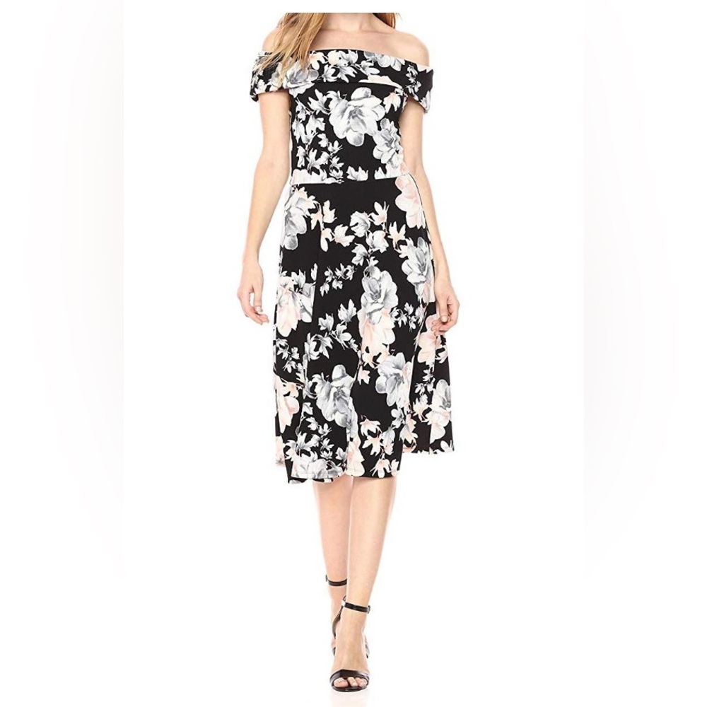 NWT Nicole Miller Black, White, and Pink Floral Strapless Dress